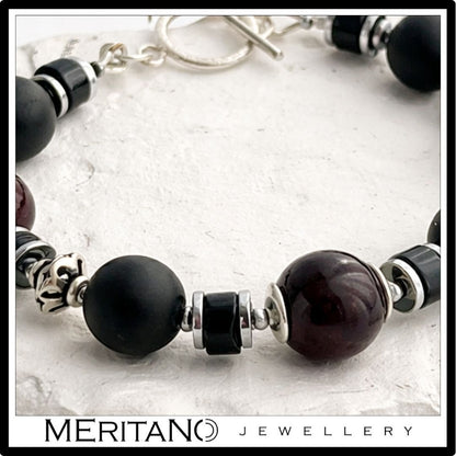 Bransoletka z turmalinem, onyksem i granatem,  srebrna - widok na detale