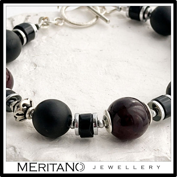 Bransoletka z turmalinem, onyksem i granatem,  srebrna - widok na detale