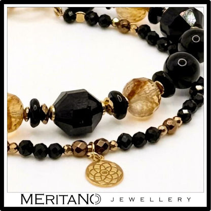 Czarny turmalin i cytryn w bransoletce podwójnej z zawieszką - widok na detale