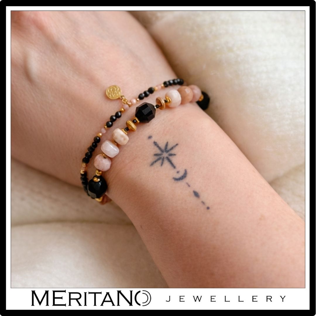 Podwójna bransoletka z turmalinem i kamieniem słonecznym, różowe i czarne kamienie z zawieszką na ręce