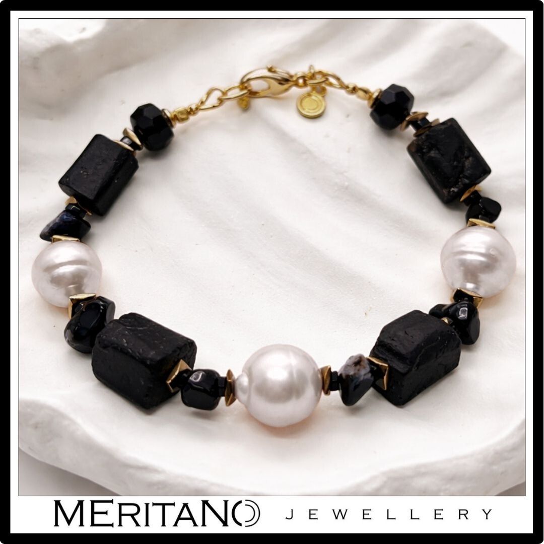 Bransoletka z czarnym turmalinem i perłami barokowymi, duże kamienie 