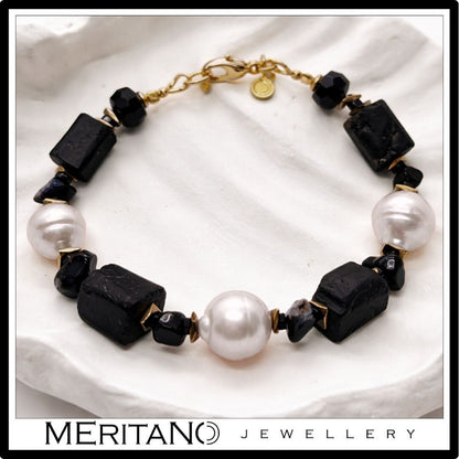 Bransoletka z czarnym turmalinem i perłami barokowymi, duże kamienie 