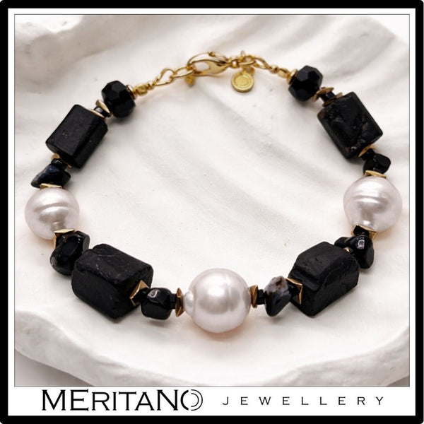 Bransoletka z czarnym turmalinem i perłami barokowymi, duże kamienie 