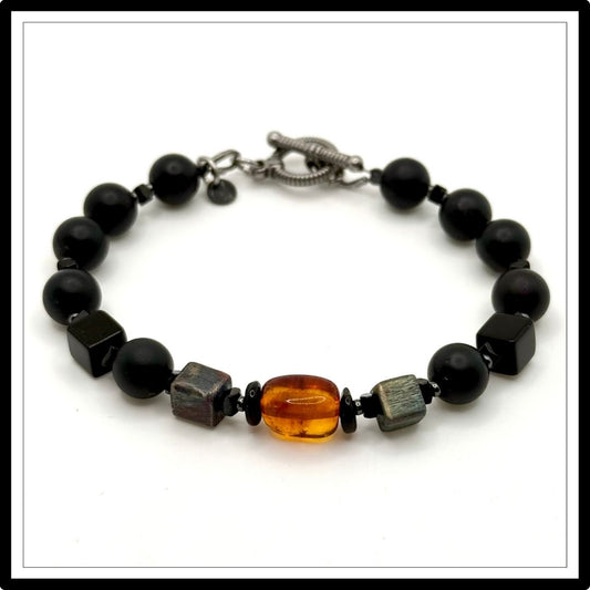 Bransoletka unisex z kamieni naturalnych turmalin, onyks, bursztyn Bransoletka unisex z kamieni naturalnych turmalin, onyks, bursztyn