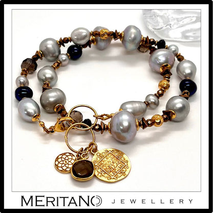 Bransoletka z pereł naturalnych z kwarcem dymnym widok z przodu