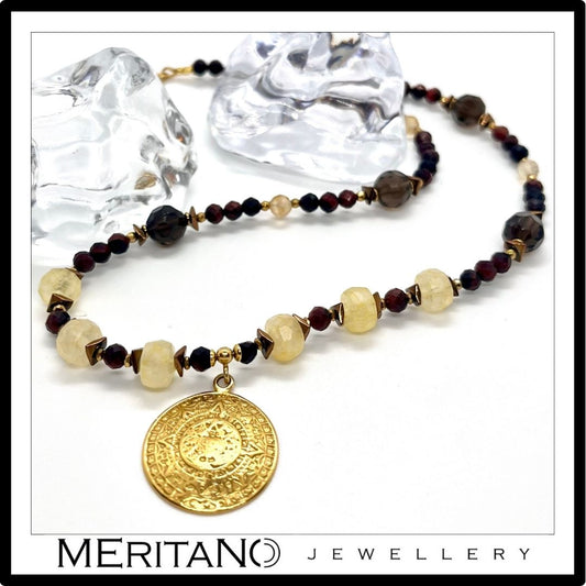 naszyjnik z tygrysim okiem, cytrynem i kwarcem dymnym