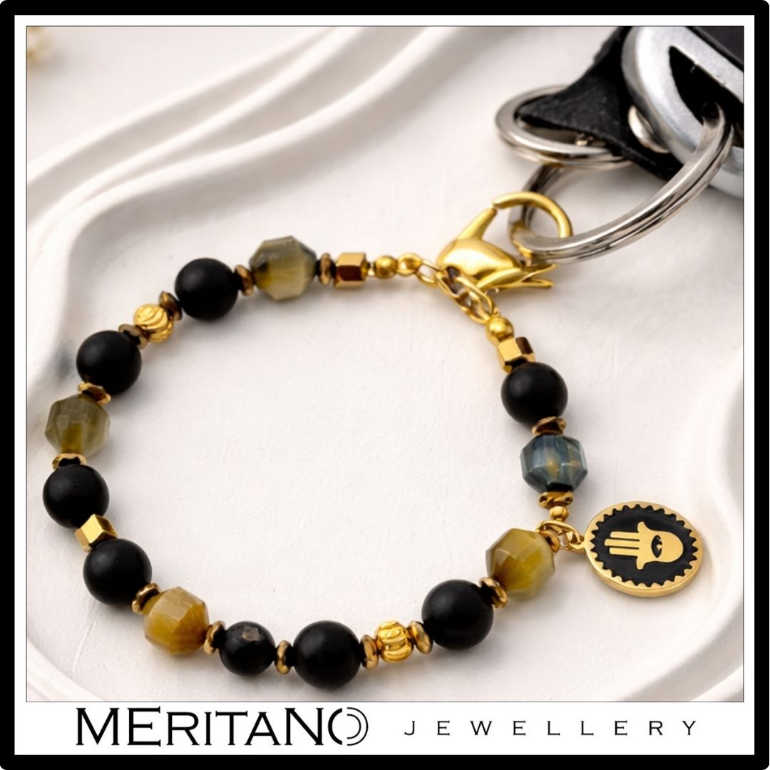 Brelok damski do kluczy z turmalinem i tygrysim okiem - widok z kluczami