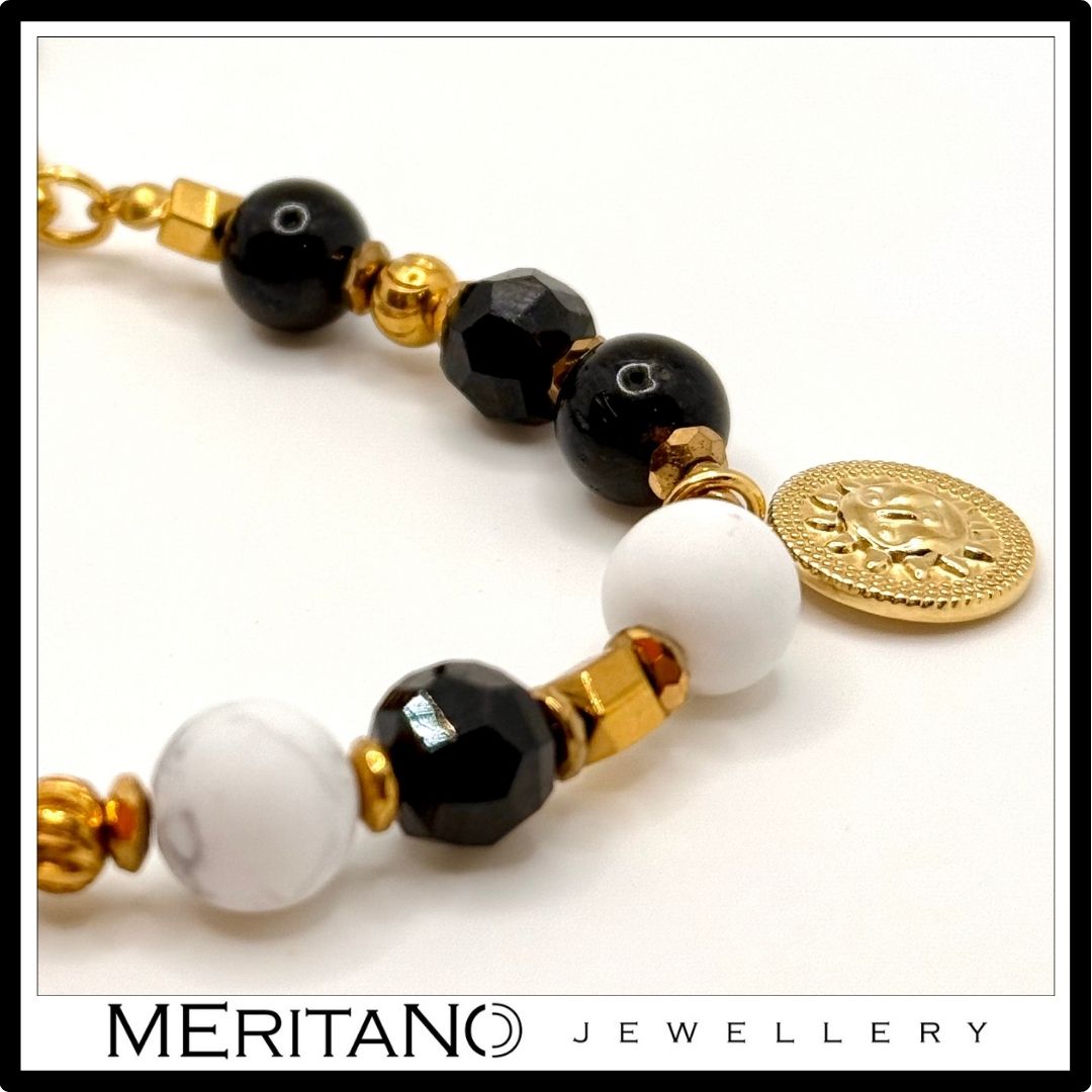 Brelok do kluczy damski, czarny turmalin, agat  - zbliżenie na detale