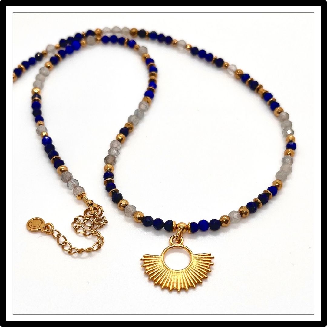 Choker z lapis lazuli, labradorytem i słońcem ze srebra pozłacanego
