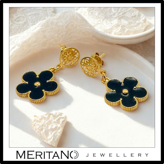 Czarno złote kolczyki kwiatki, zapięcie sztyft