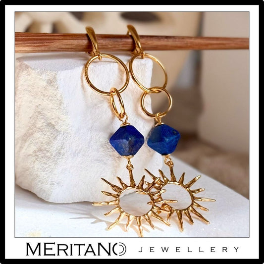 Kolczyki słońce złote i lapis lazuli, wiszące, zapięcie angielskie