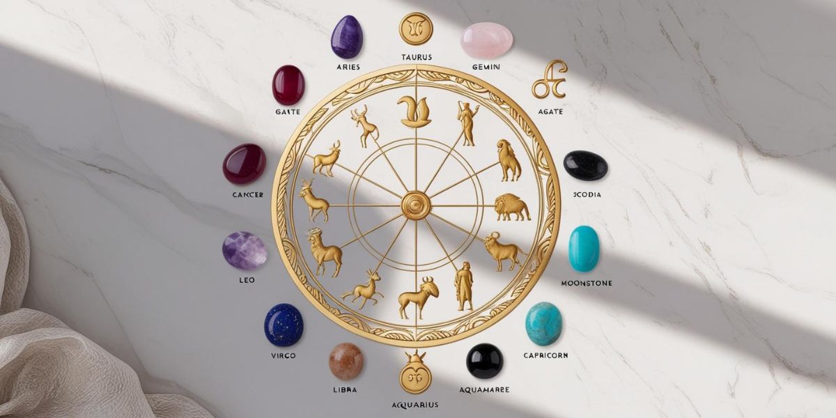 Zodiakalne znaki otaczające złote koło astrologiczne, każdy przypisany do konkretnego kamienia szlachetnego. Od lewej: Baran – ametyst, Byk – agat, Bliźnięta – różowy kwarc, Rak – karneol, Lew – ametyst, Panna – lapis lazuli, Waga – kamień słoneczny, Skorpion – czarny turmalin, Strzelec – turkus, Koziorożec – amazonit, Wodnik – onyks, Ryby – kamień księżycowy. Tło z białego marmuru i delikatnym światłocieniem