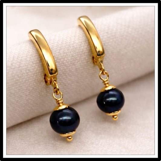złote kolczyki z czarnymi perłami, zapięcie angielskie, wiszące