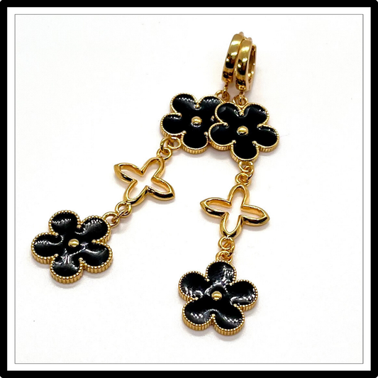 długie kolczyki wiszące czarno złote kwiaty długie kolczyki wiszące czarno złote kwiaty