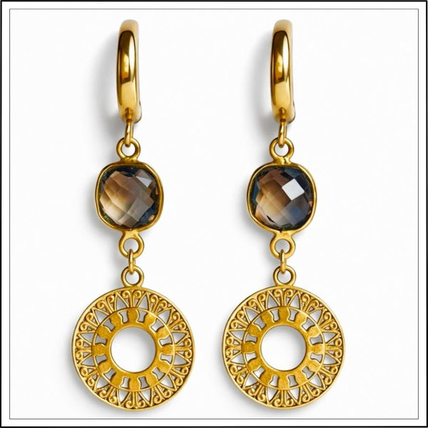 Kolczyki z kwarcem dymnym i złotym kołem | Koło Czasu N°0076