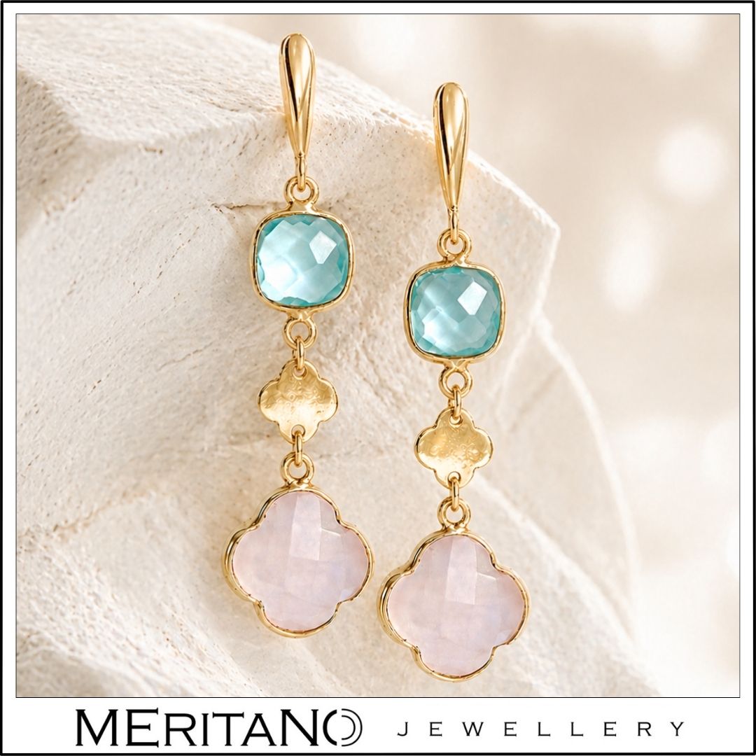 Wiszące kolczyki z kwarcem różowym  i niebieskim, zapięcie angielskie - widok na białym gipsie