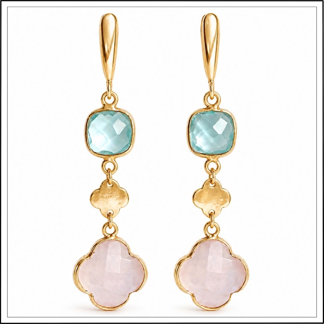 Kolczyki z kwarcem różowym i niebieskim, wiszące, zapięcie angielskie - widok z przodu
