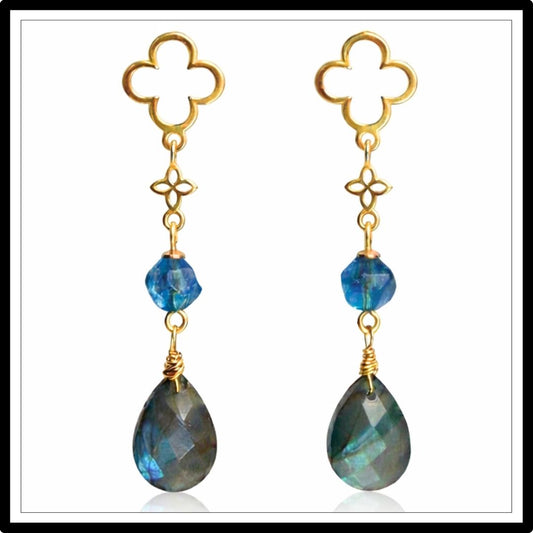 Długie kolczyki z niebieskim kamieniem kwarcu i labradorytem, z zapięciem na sztyft