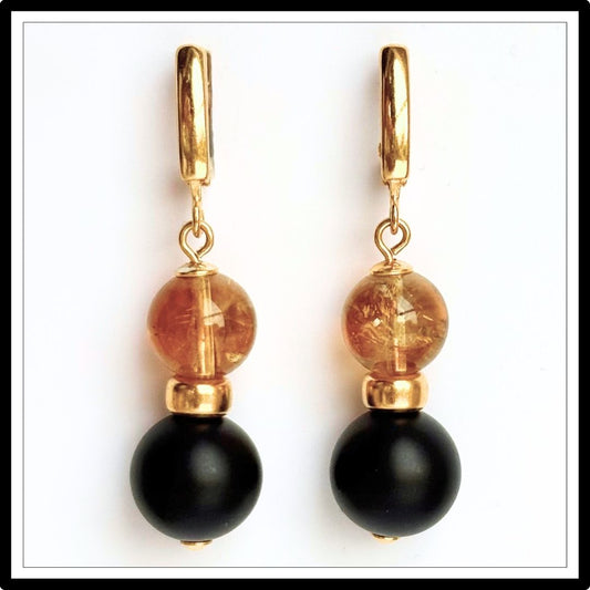 Kolczyki z onyksem i cytrynem, zapięcie angielskie - widok z przodu