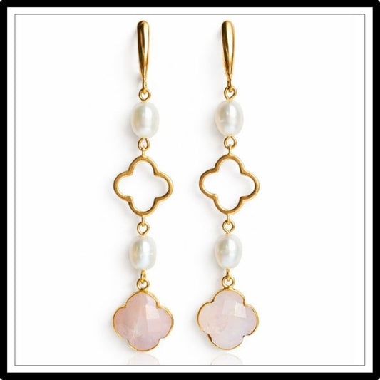 Długie, wiszące kolczyki z kwarcem różowym i perłami na zapięiu angielskim