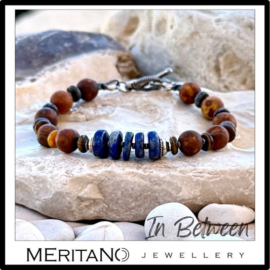 Męska bransoletka z kamieni lapis lazuli i agat na kamieniu