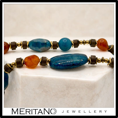 Długi naszyjnik krawatka z dużych kamieni naturalnych agat i apatyt - skala kamieni