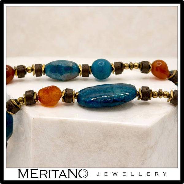 Długi naszyjnik krawatka z dużych kamieni naturalnych agat i apatyt - skala kamieni