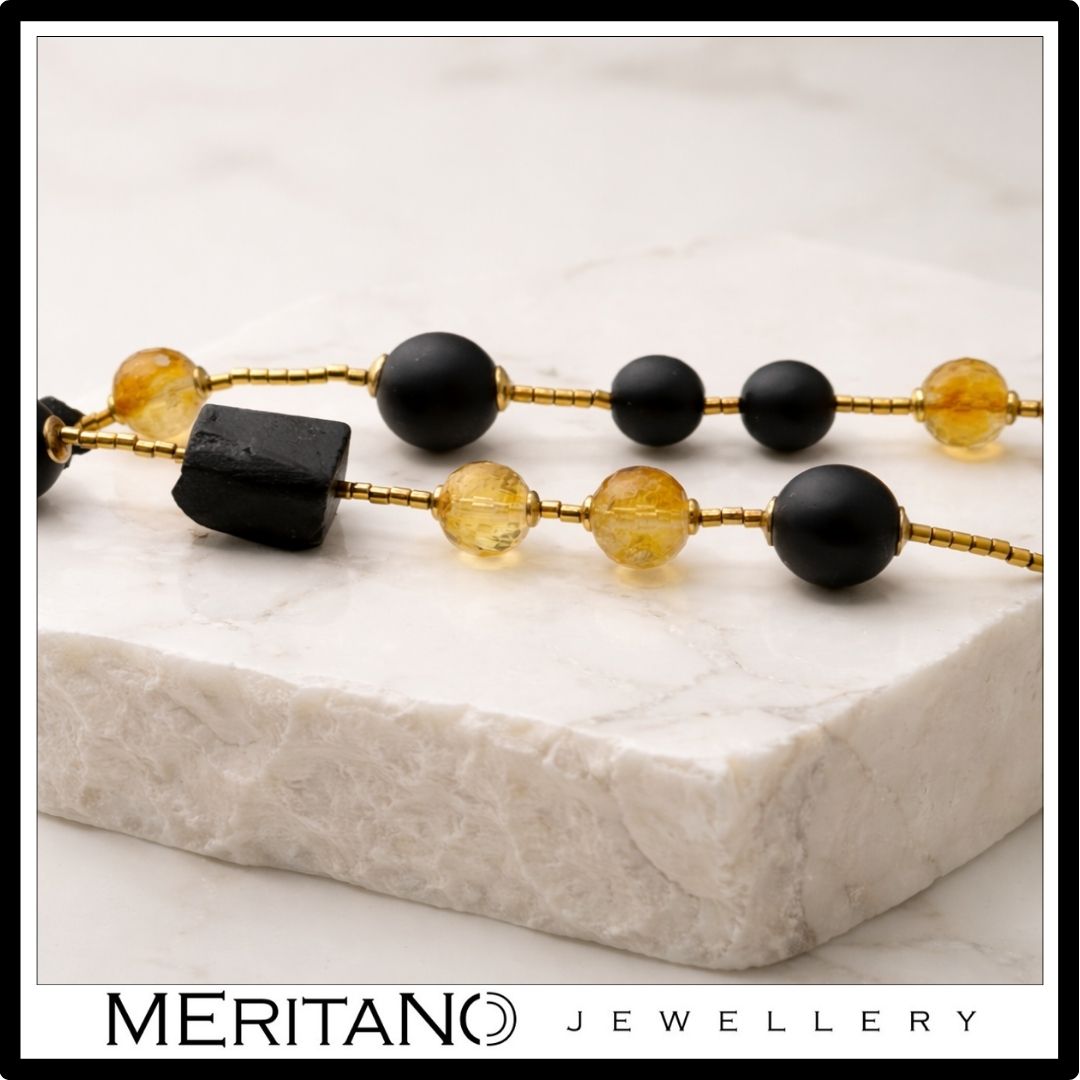Krótki naszyjnik z czarnym turmalinem i cytrynem, choker - skala kamieni