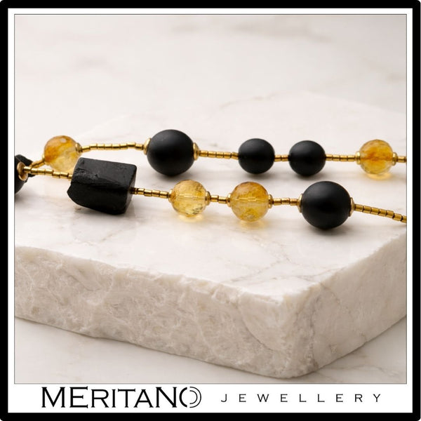 Krótki naszyjnik z czarnym turmalinem i cytrynem, choker - skala kamieni