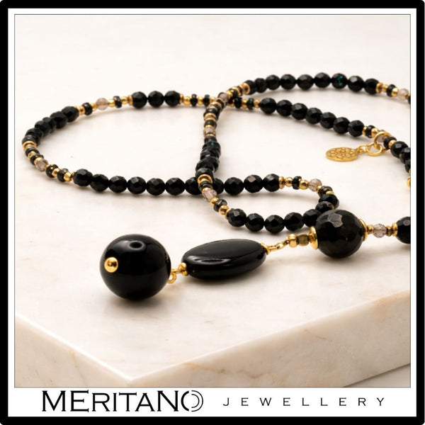 Naszyjnik z turmalinem, onyksem i kwarcem dymny, naszyjnik krawatka z czarnych kamieni  - skala kamieni