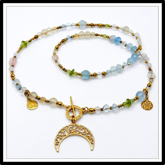 Naszyjnik kryształowy - akwamaryn, kwarc różowy, cytryn. peridot, księżyc - widok z góry