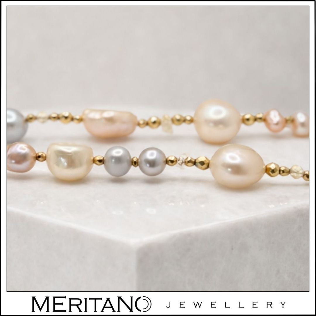 Naszyjnik krawatka z pereł barokowych z dodatkiem cytrynu, zapięcie z przodu - skala kamieni