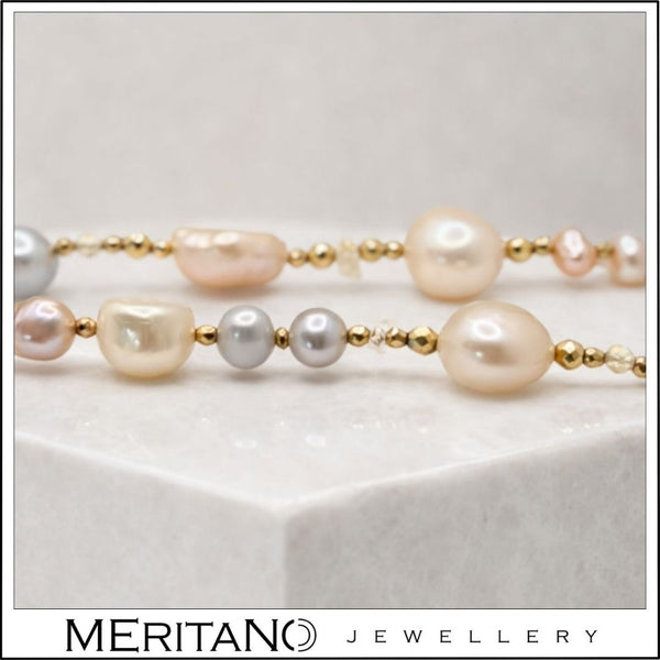 Naszyjnik krawatka z pereł barokowych z dodatkiem cytrynu, zapięcie z przodu - skala kamieni