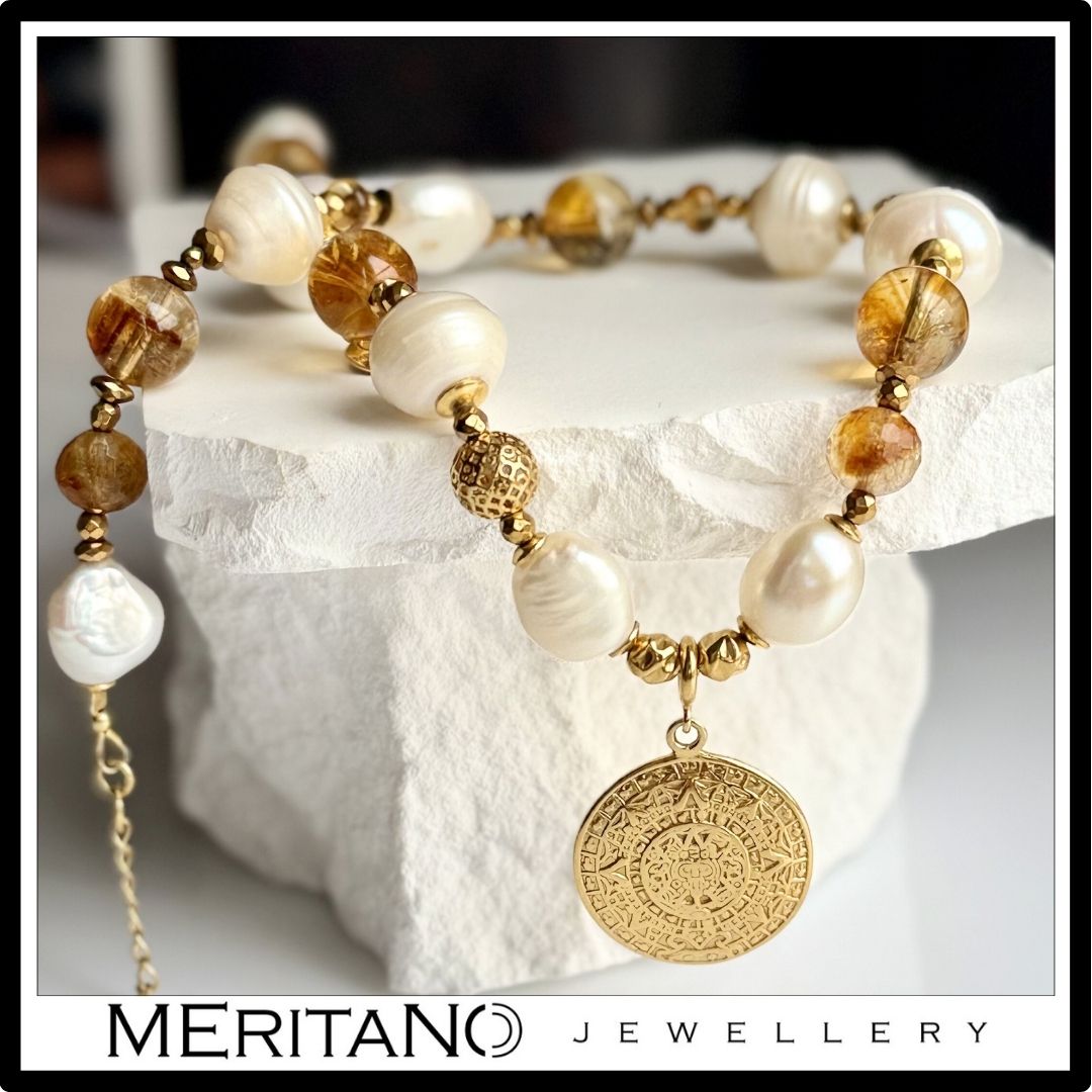 Naszyjnik perły barokowe z cytrynem i złotą monetą 