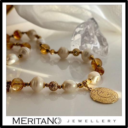 Naszyjnik perły barokowe i cytryn z monetą Azteków Naszyjnik perły barokowe i cytryn z monetą Azteków