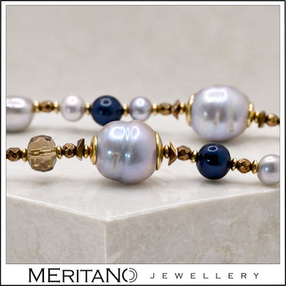 naszyjnik z perłami barokowymi, kwarcem dymnym i szafirem, srebro pozłacane - skala kamieni