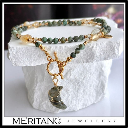 Naszyjnik z turkusem afrykańskim, cytrynem i księżycem labradorytu, zapinany z przodu