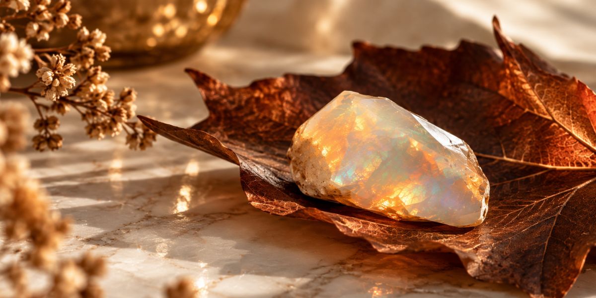 Opal – kamień października na jesiennym liściu.