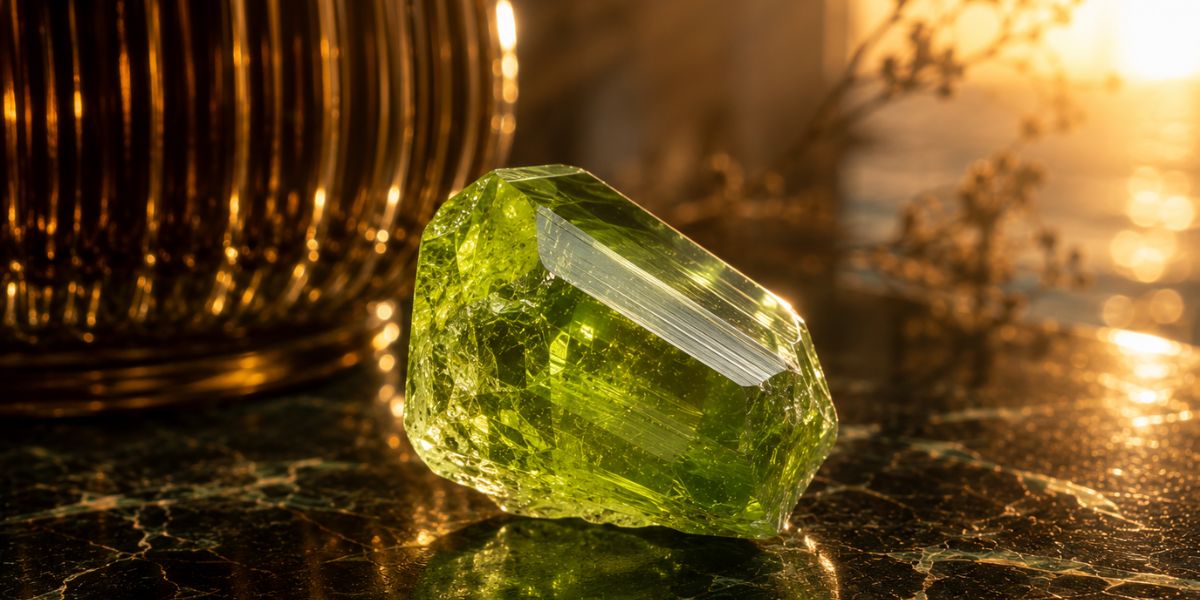 Peridot, kamień urodzinowy sierpnia leżący na ciemnej marmurowej powierzchni o zachodzie słońca