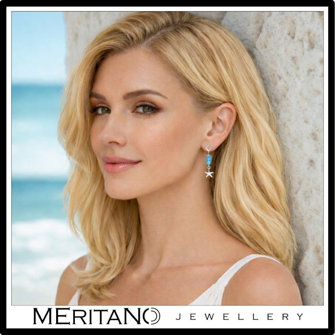 srebrne kolczyki z apatytem i rozgwiazdą na uchu w letniej stylizacji