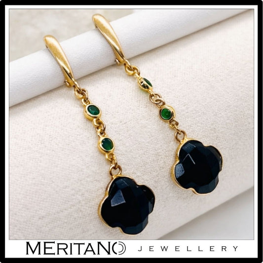 Kolczyki wiszące z onyksem i cyrkonią, zapięcie angielskie