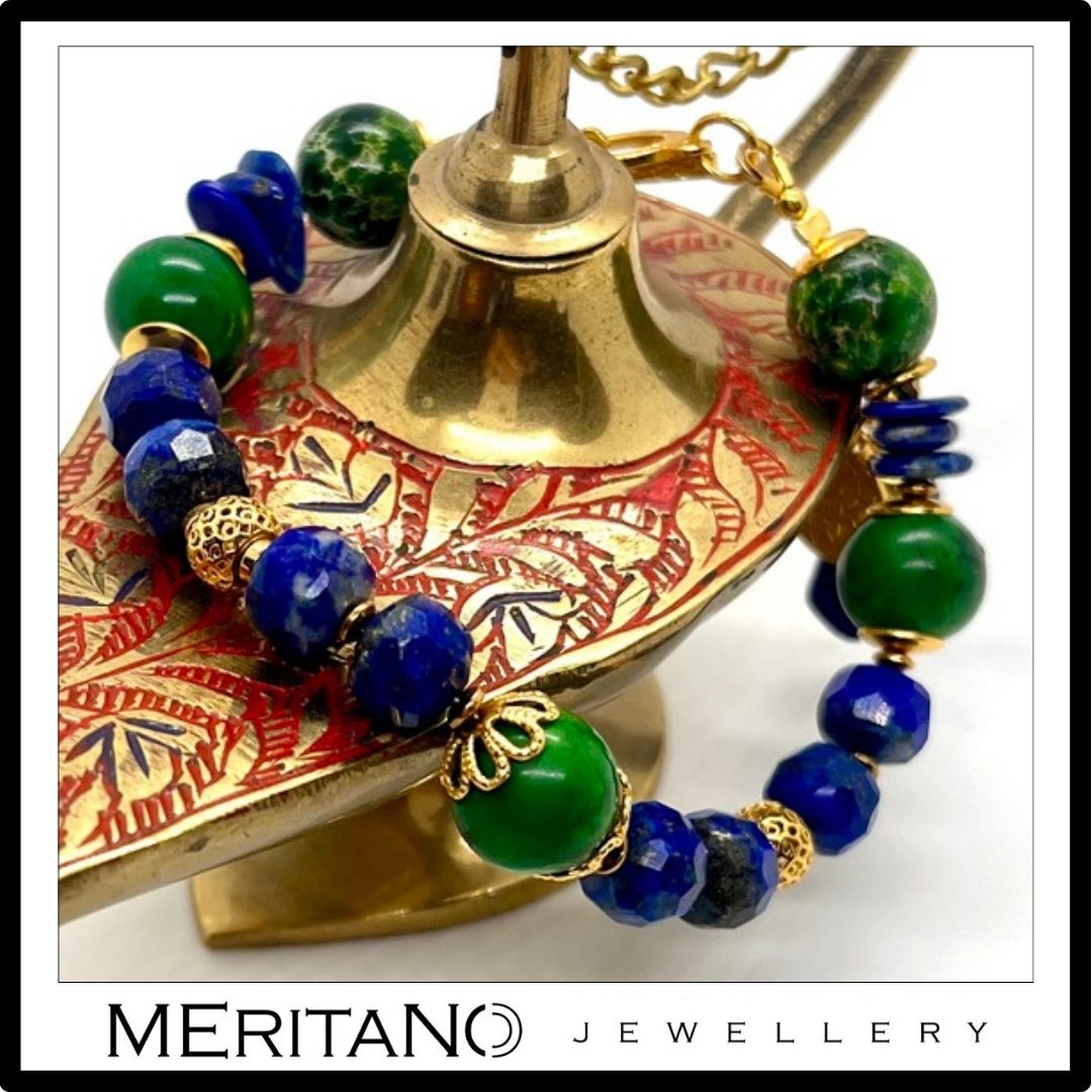 Natural Lapis and Green Sapphire Bracelet Solid 14k White Gold, 7