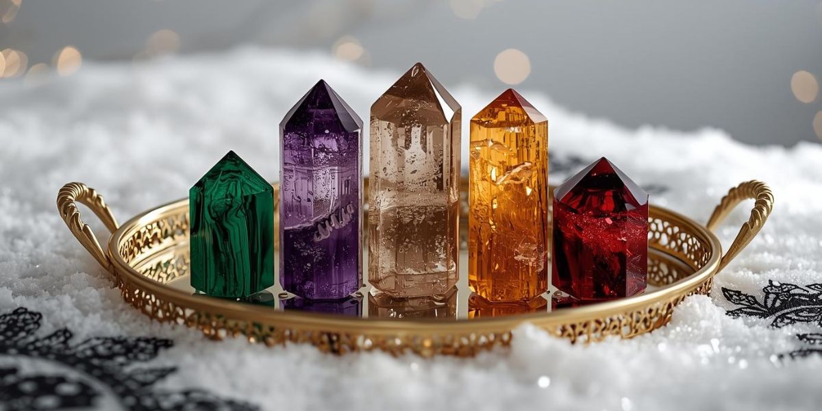 Zimowa kompozycja kamieni naturalnych – malachit, ametyst, kwarc dymny, cytryn i granat na złotej tacy wśród śniegu.